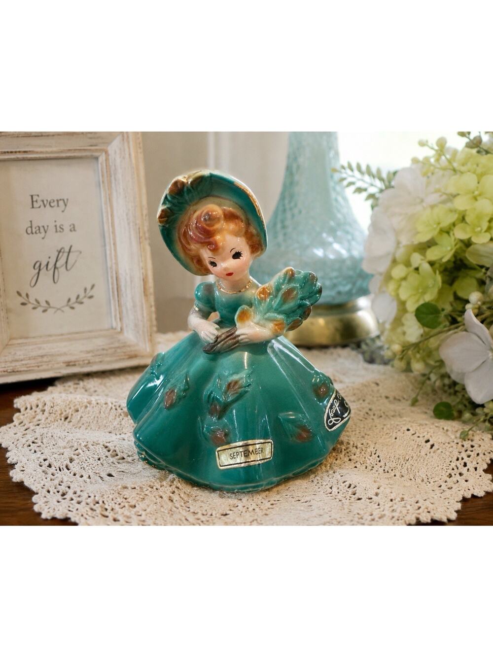 Vintage Josef Originals September Birthday Girl Figurine Green Dress Japan